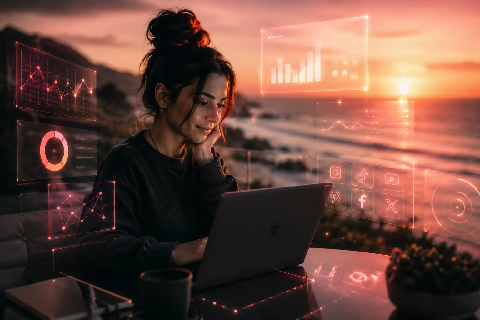 Creator reviewing analytics at sunset
