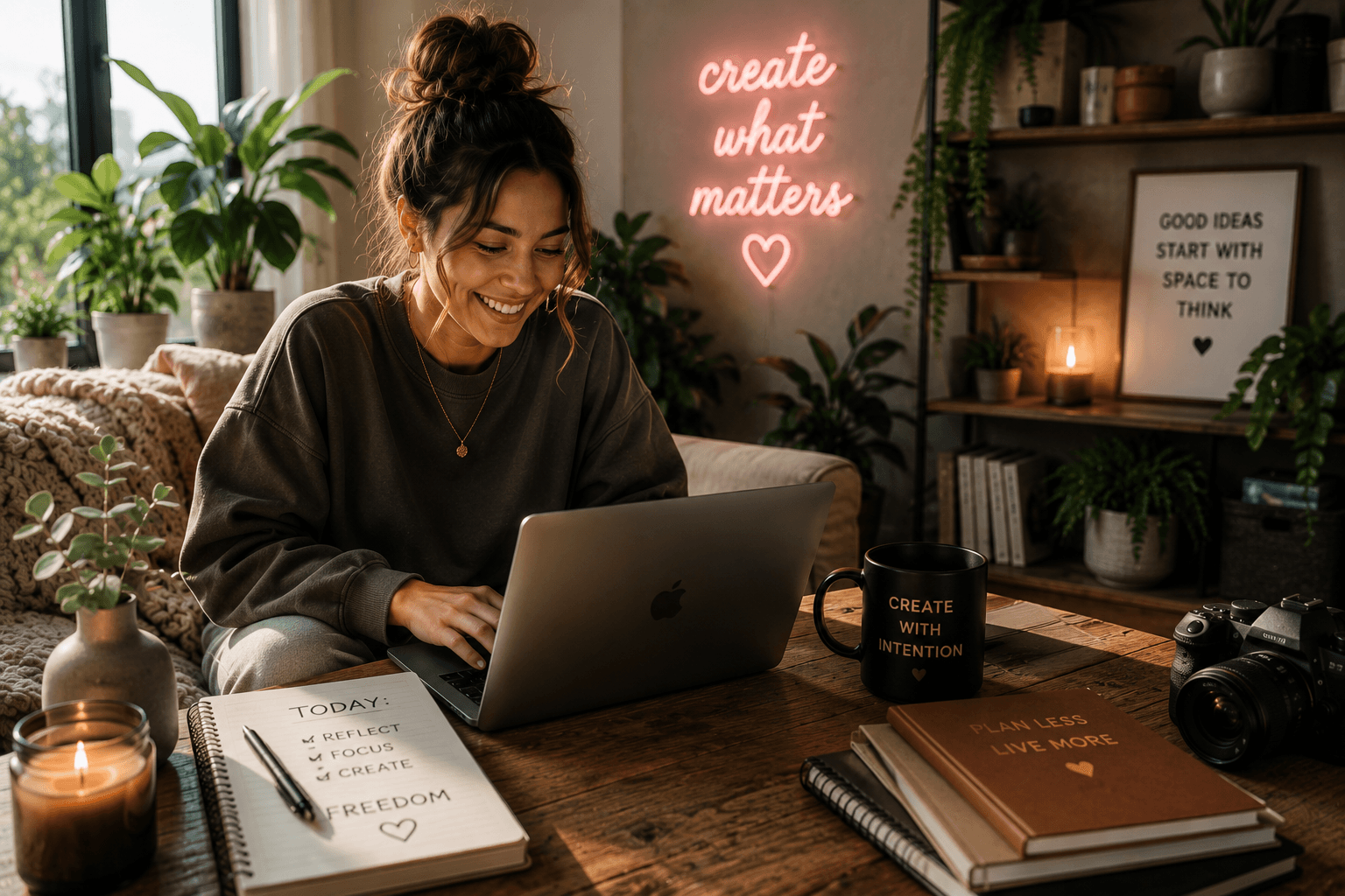 A writer smiling at her laptop, notebook and books beside her