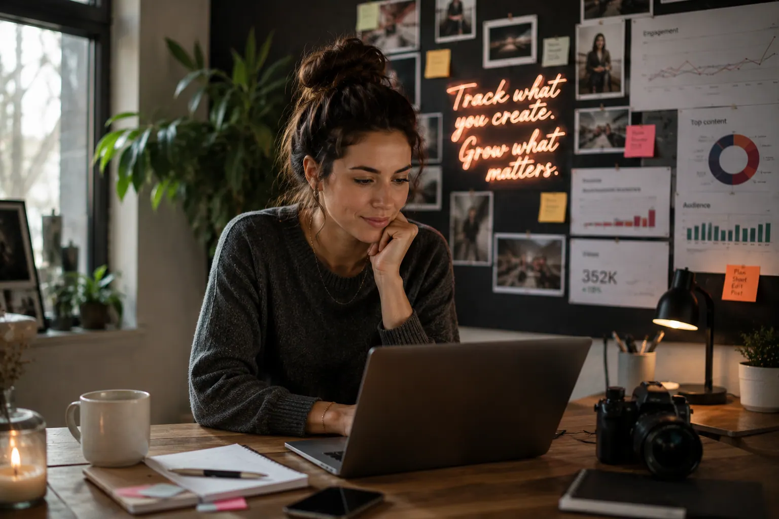 Creator studying analytics with intention