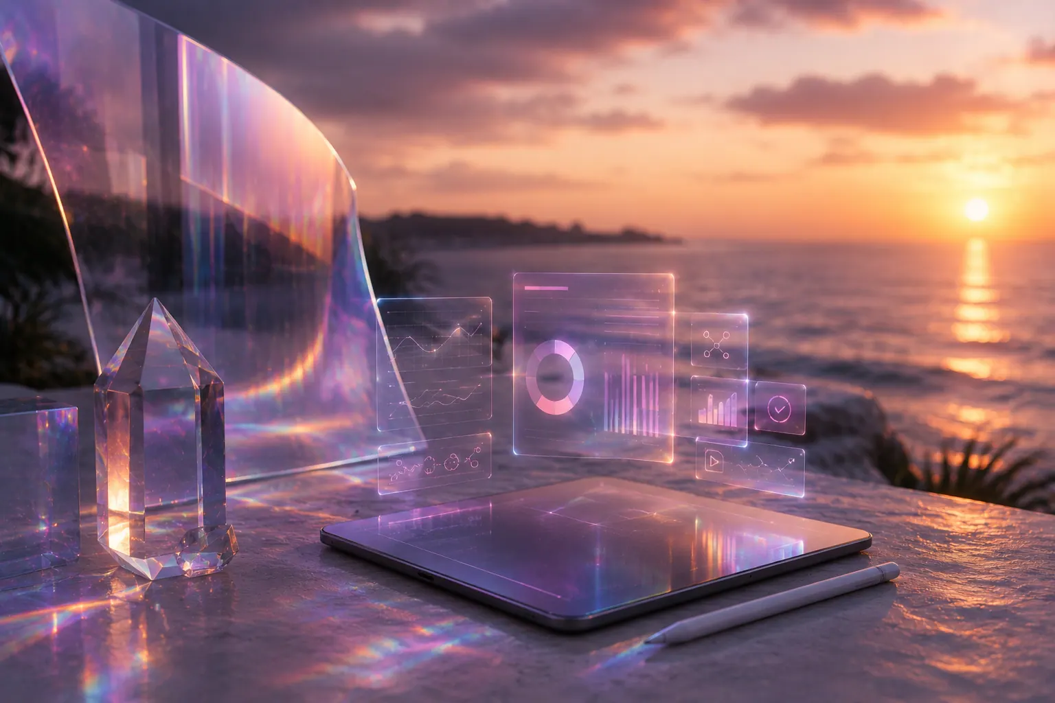 Glass analytics tablet refracting sunset light