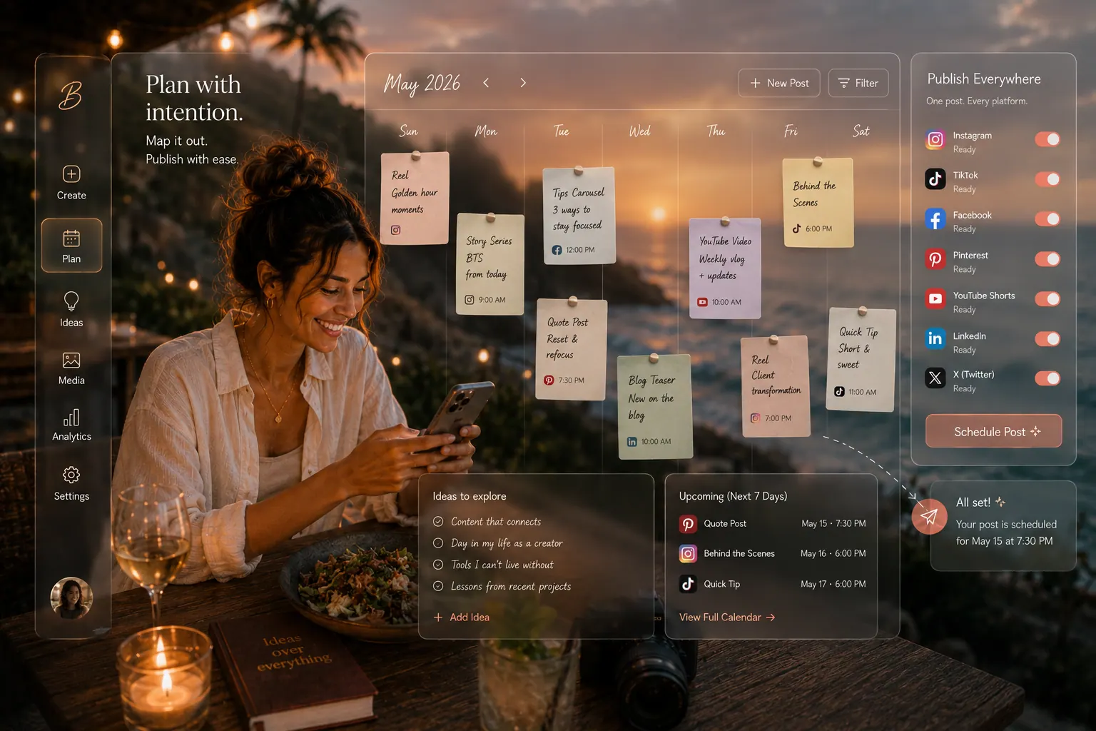 Encore planner UI with intention-first calendar