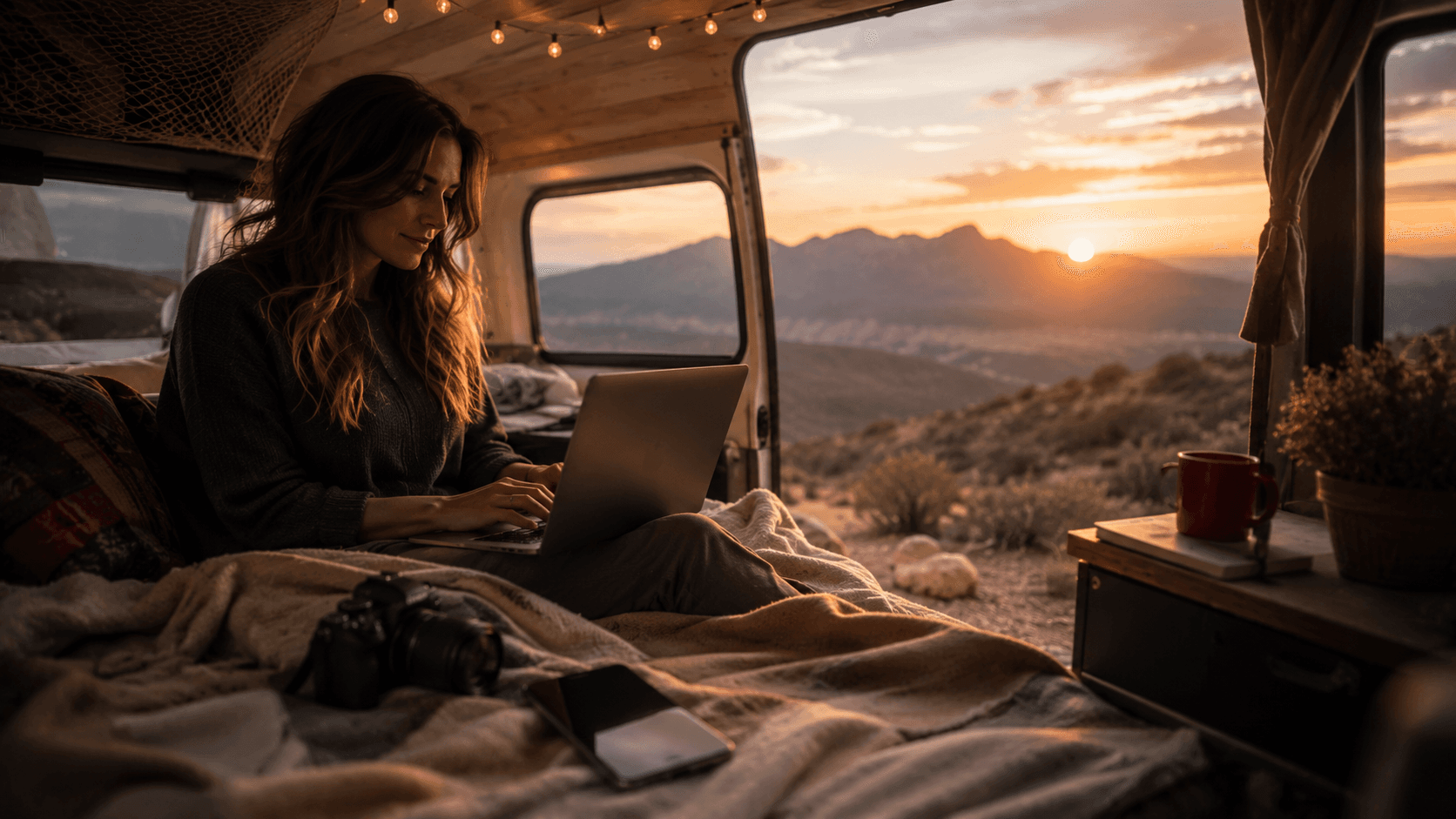 Creator planning content at sunset in a van workspace