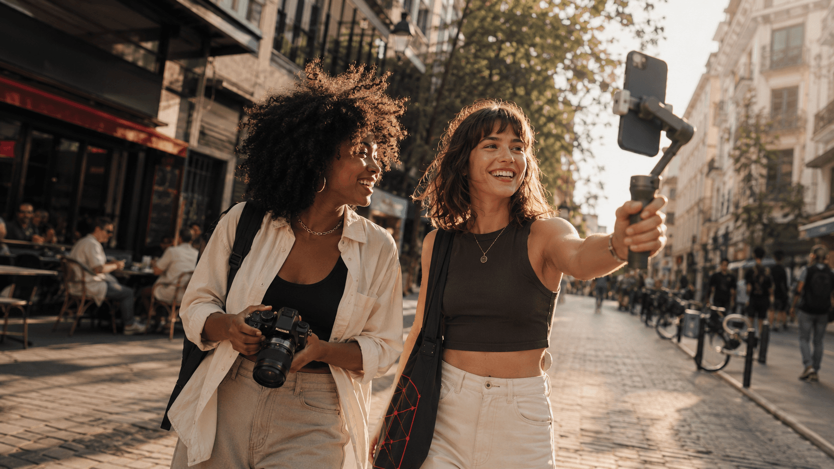Creators filming content on a city street at golden hour